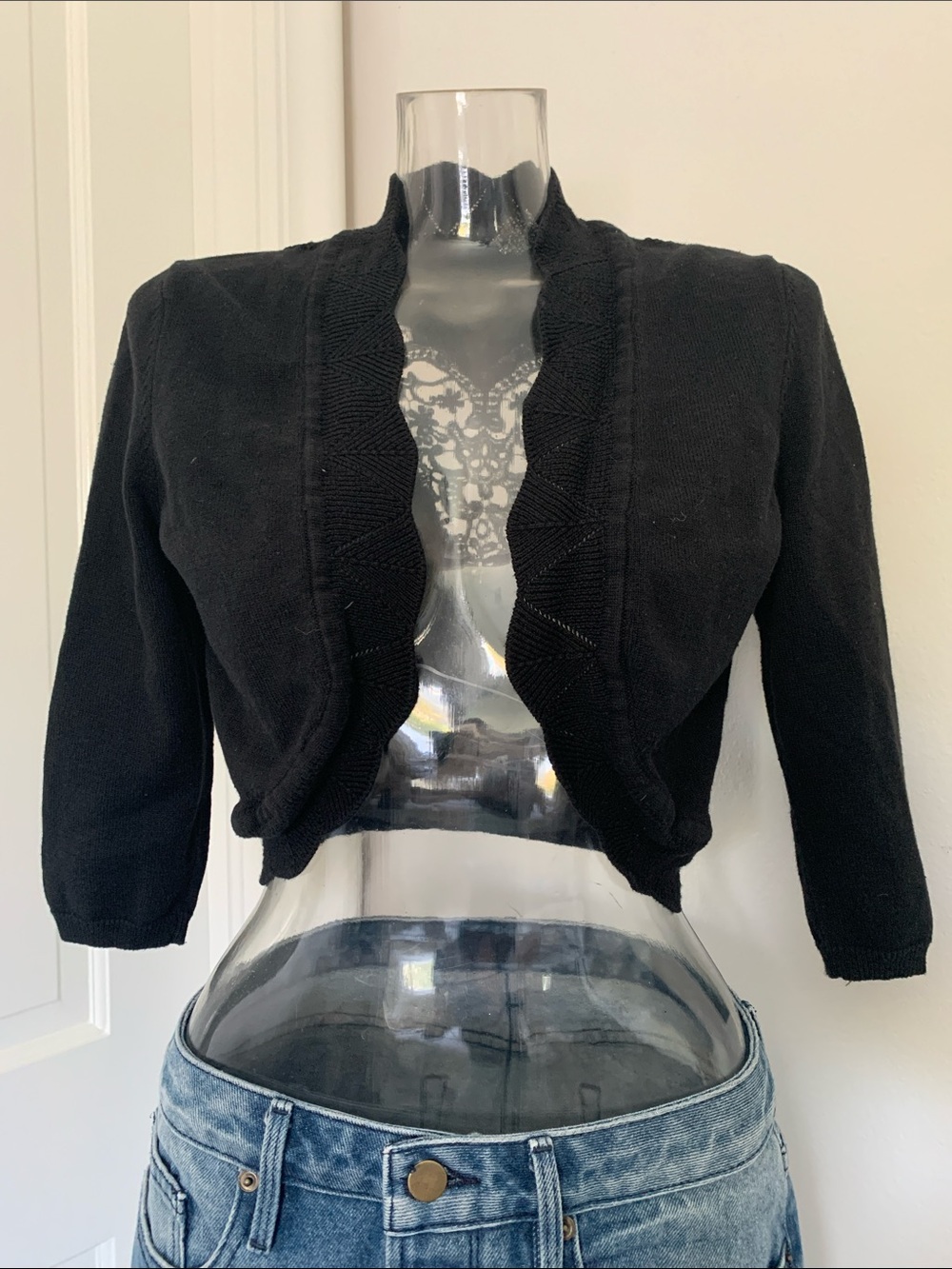 89th & Madison Black Crochet-Back Cropped Shrug